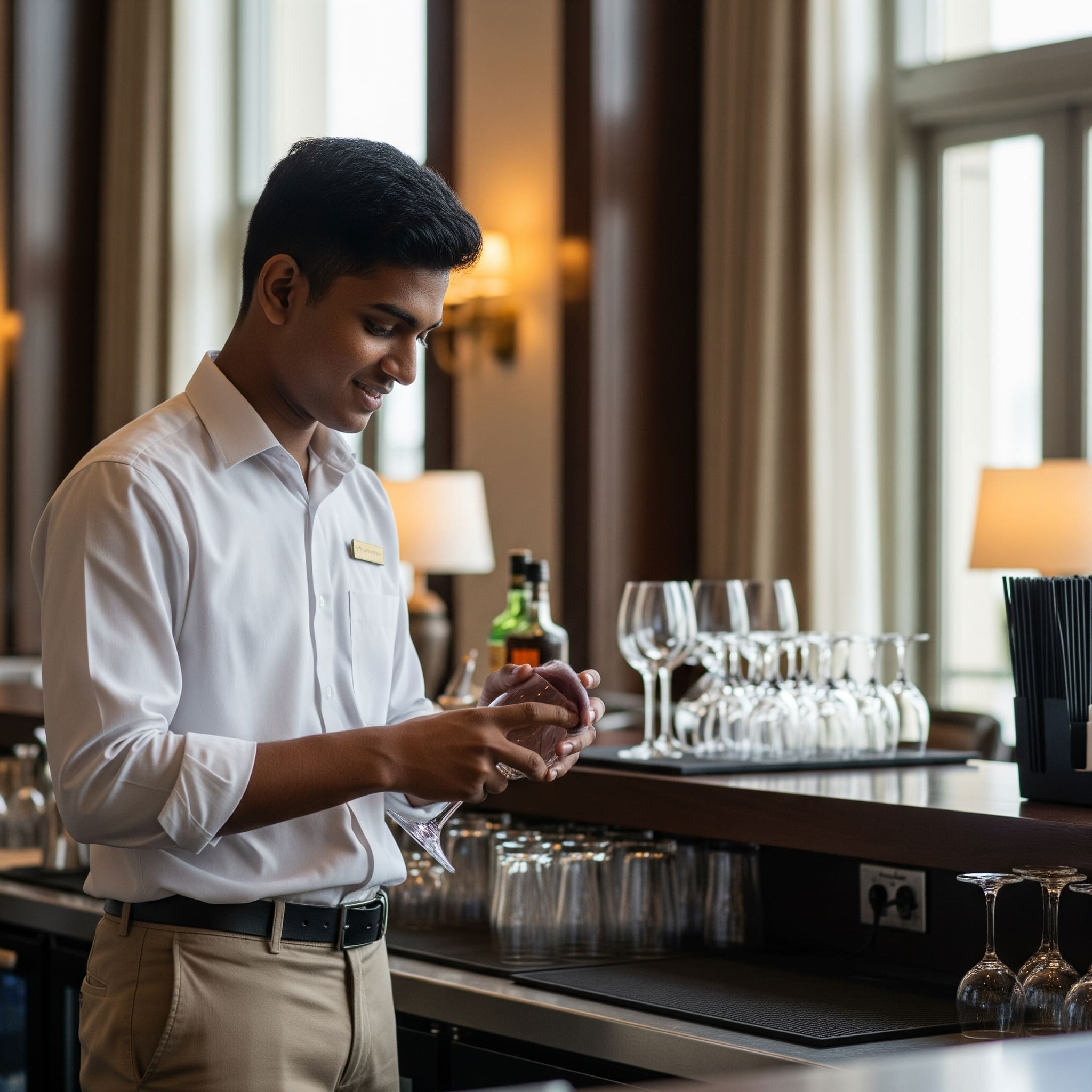 高級ホテルでプロフェッショナルなサービストレーニングを行う学生